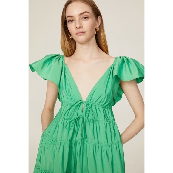 ALC Flutter Short Sleeve V-Neck Empire Waist Front Tie Ruffle Tier Maxi Gown 6 - Picture 5 of 16